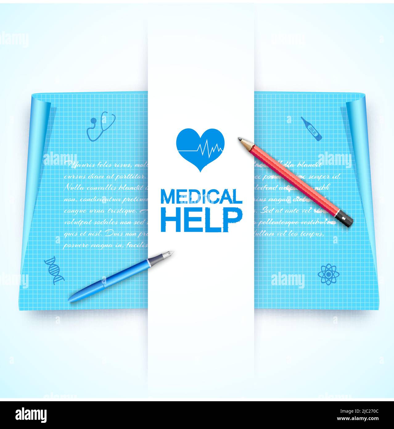 Colorful medical help poster with a big image of heart in the centre, pen and pencil to the left