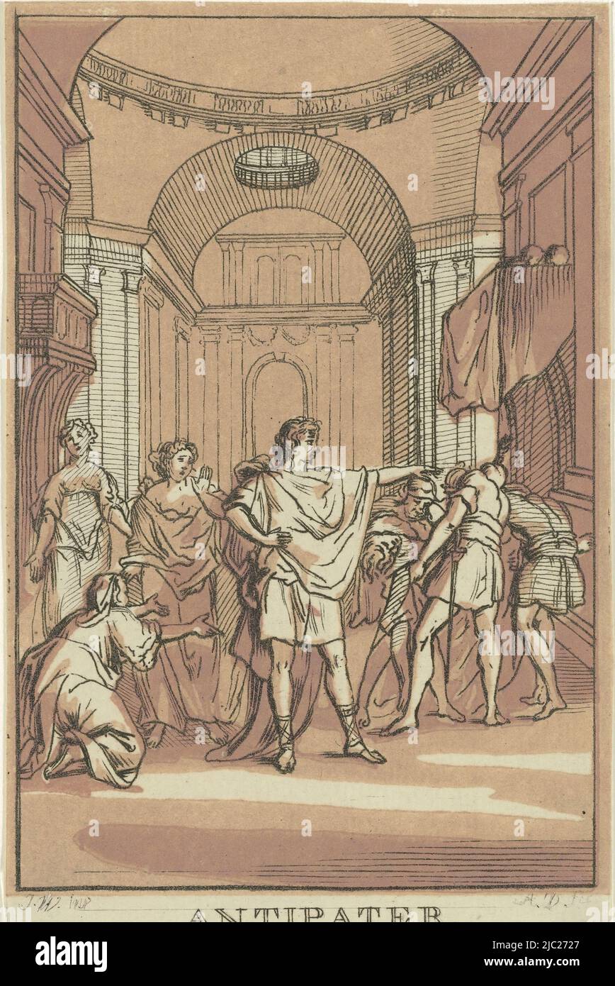 A woman on her knees implores a man with a laurel wreath. Around it are two women and a number of soldiers, Antipater (title on object), print maker: Abraham Delfos, (mentioned on object), Monogrammist IW (inventor), (mentioned on object), Leiden, 1741 - 1820, paper, etching, h 131 mm - w 83 mm Stock Photo