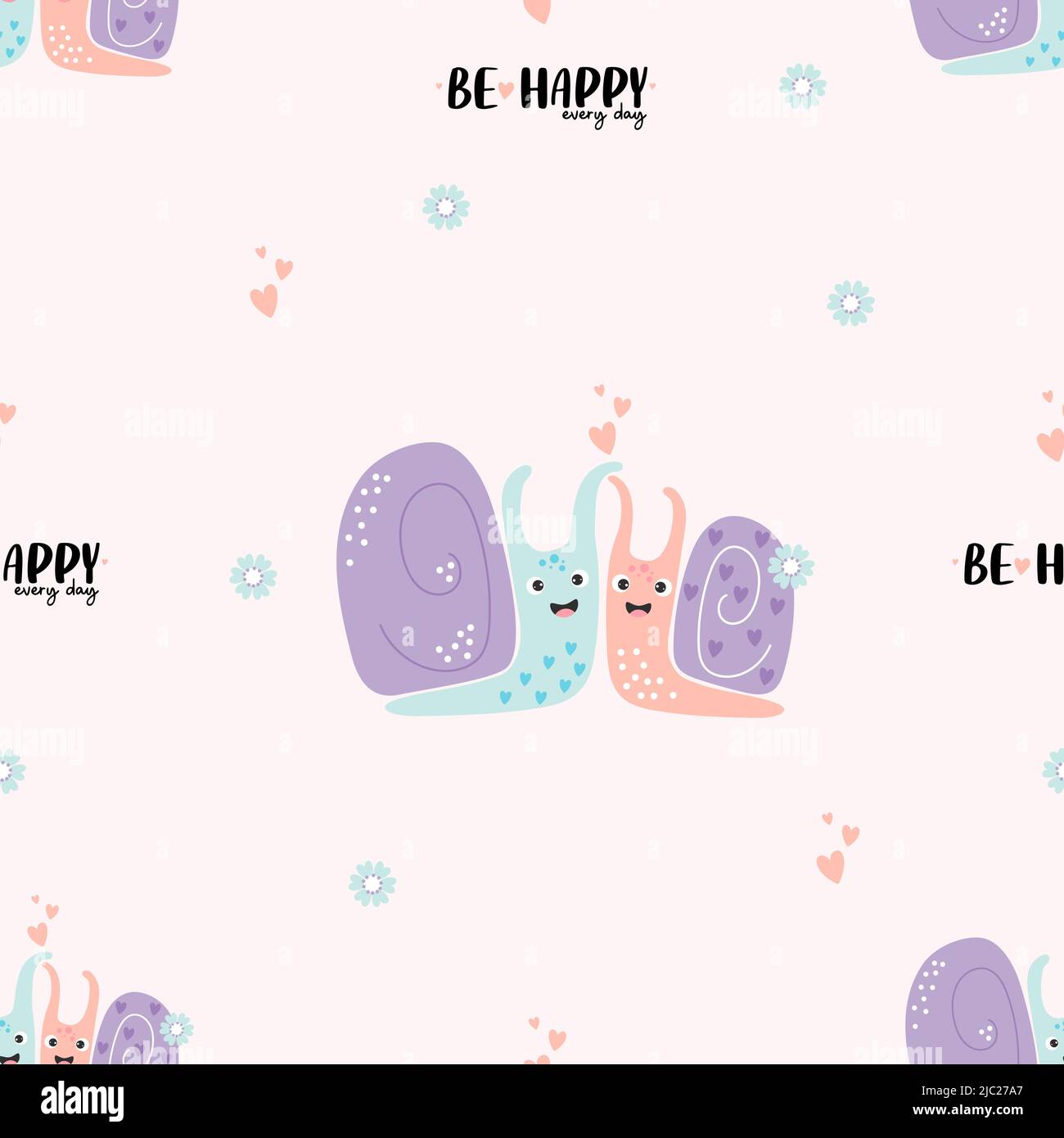 Seamless pattern with pair of snails in love with hearts on white ...