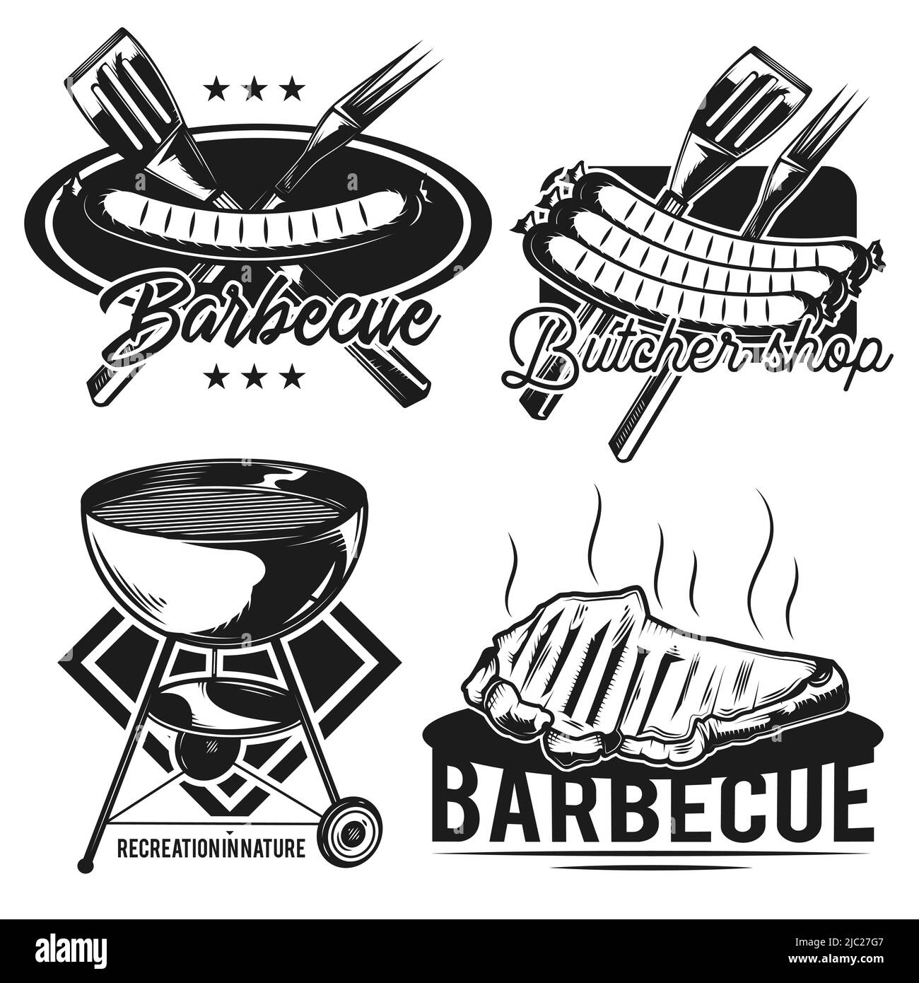 Barbecue grill and outdoor summer picnic utensil icons black set ...