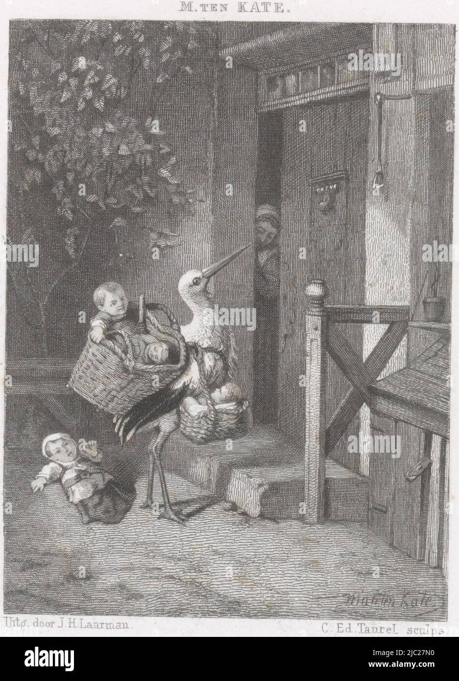 Stork with babies in front of a house door, print maker: Edouard Taurel, (mentioned on object), Mari ten Kate, (mentioned on object), publisher: J.H. Laarman, (mentioned on object), Amsterdam, 1846 - 1892, paper, steel engraving, h 177 mm × w 140 mm Stock Photo
