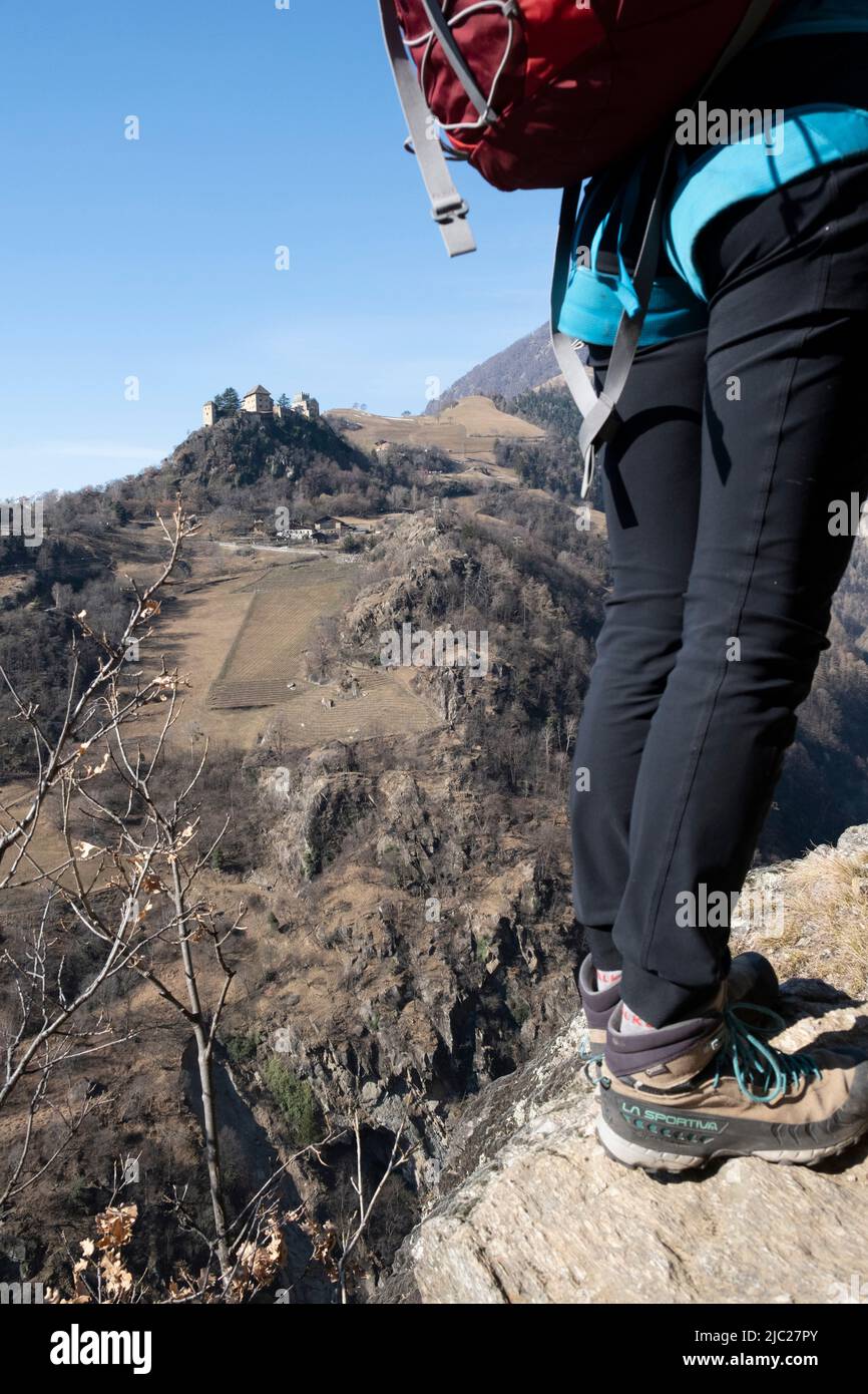 Ferrata Hochwaal with view to castle Juval Stock Photo