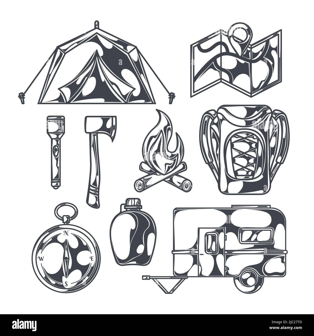 Camping tourism and recreation icons flat black set isolated vector ...