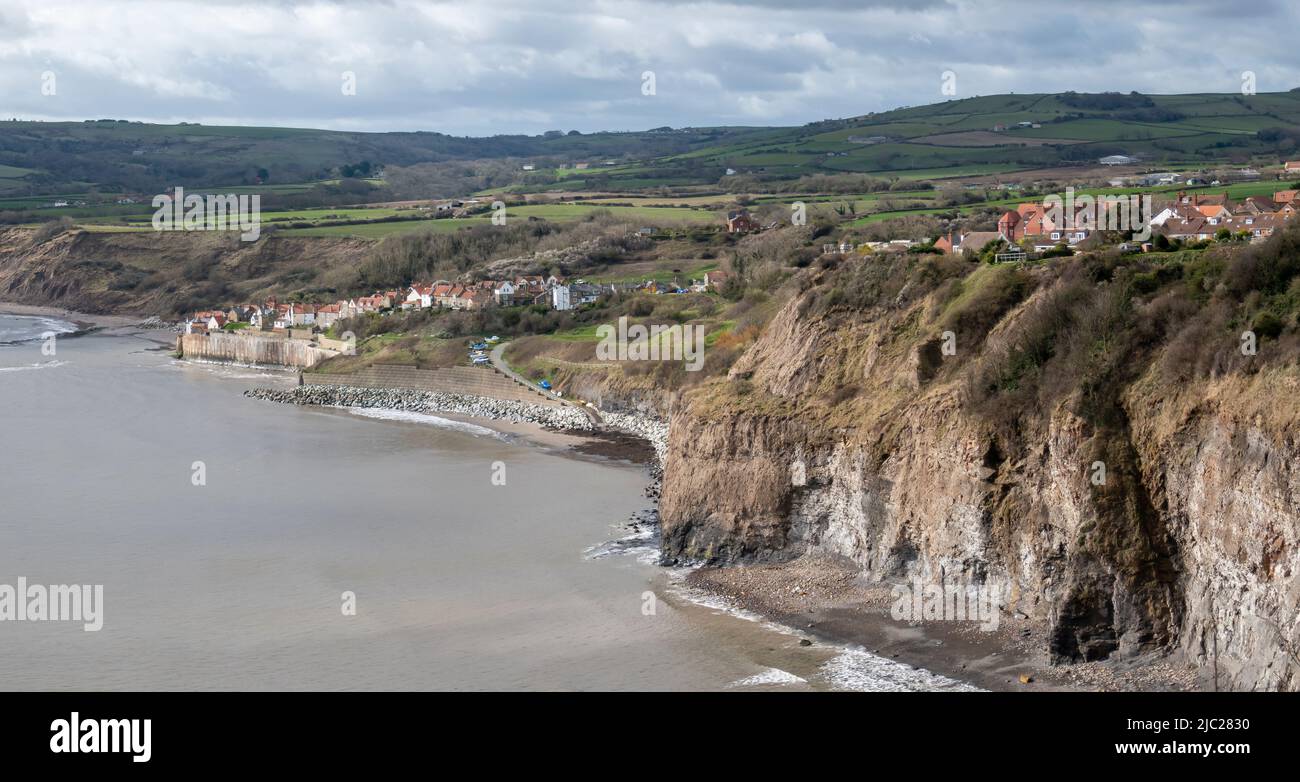 view of robin hoods bay village from the north headland Stock Photo