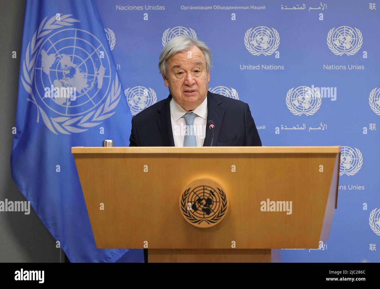 United Nations, New York, USA, June 08, 2022 - Secretary-General Antonio Guterres brief reporters on the second report of the Global Crisis Response Group on the impact of the war in Ukraine on the food, fuel, and finance sectors Today at the UN Headquarters in New York City. Photo: Luiz Rampelotto/EuropaNewswire PHOTO CREDIT MANDATORY. Stock Photo