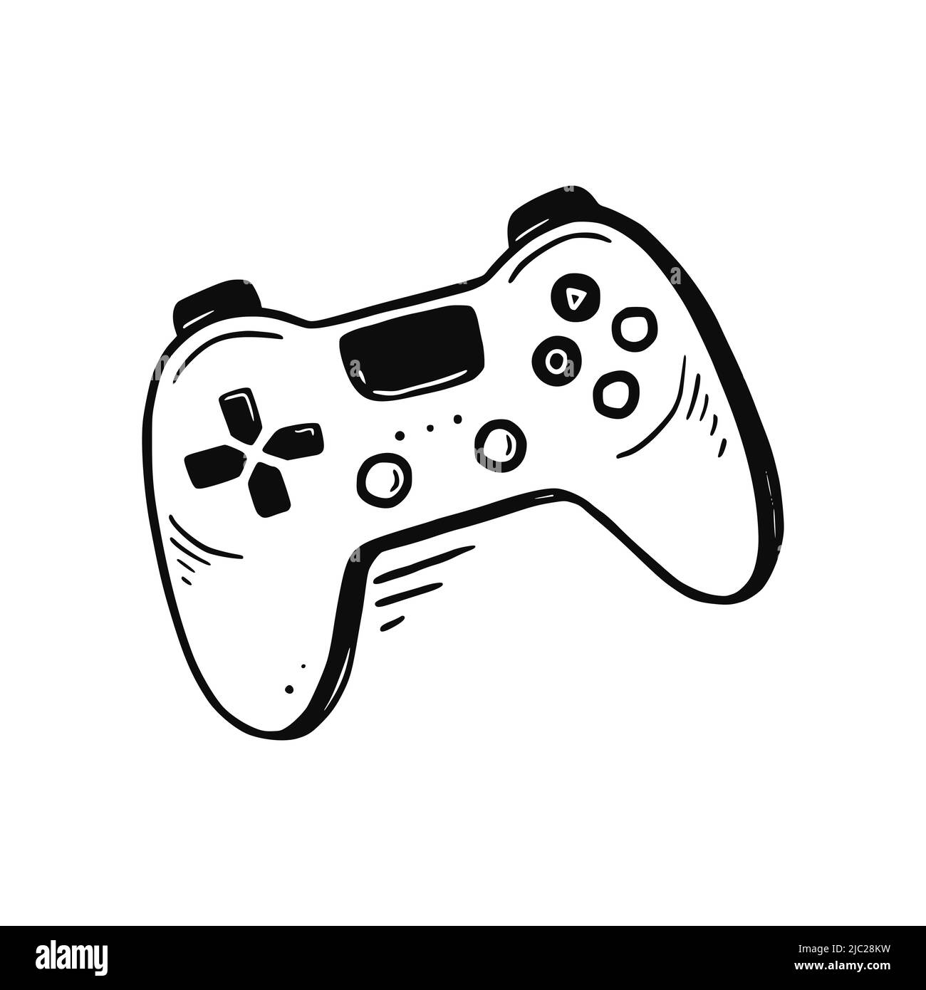 Video game joystick hand drawn doodle control. Video gamer joystick controller element. Computer retro, arcade play concept. Vector illustration. Stock Vector