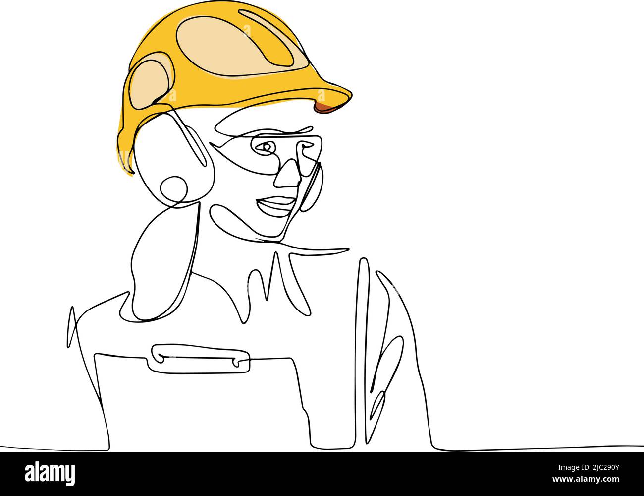 Continuous one line drawing of engineer woman wearing uniform and safety helmet Stock Vector