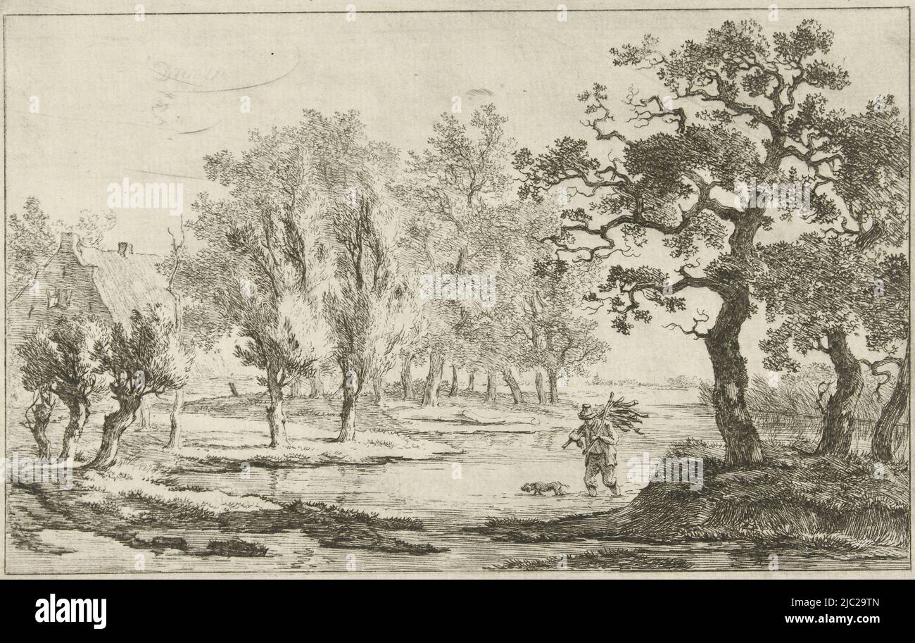 River landscape with a woodcutter, print maker: Carel Lodewijk Hansen, Netherlands, c. 1780 - 1840, paper, etching, h 149 mm × w 225 mm Stock Photo