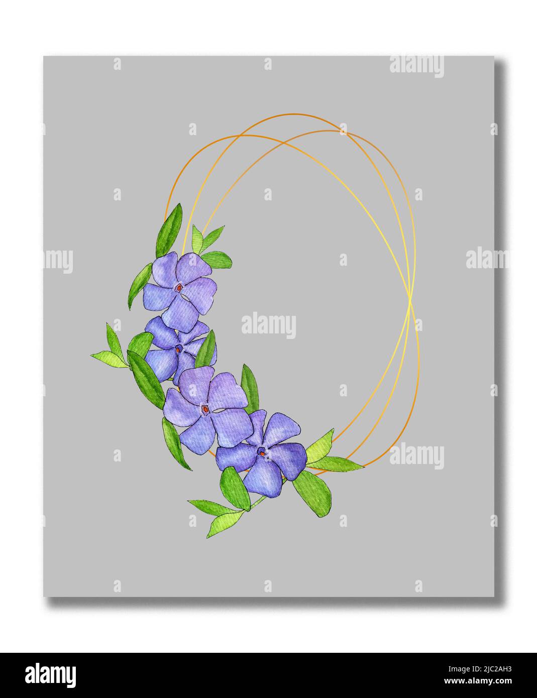 Watercolor, congratulatory spring leaflet with periwinkle flowers. Easter card with periwinkle. Blank template for invitation cards with wild flowers. Stock Photo