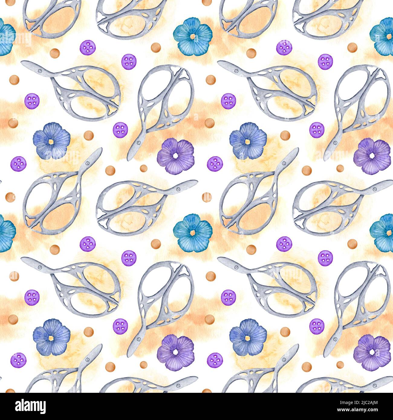 Watercolor pattern with vintage sewing scissors. Handicraft design for