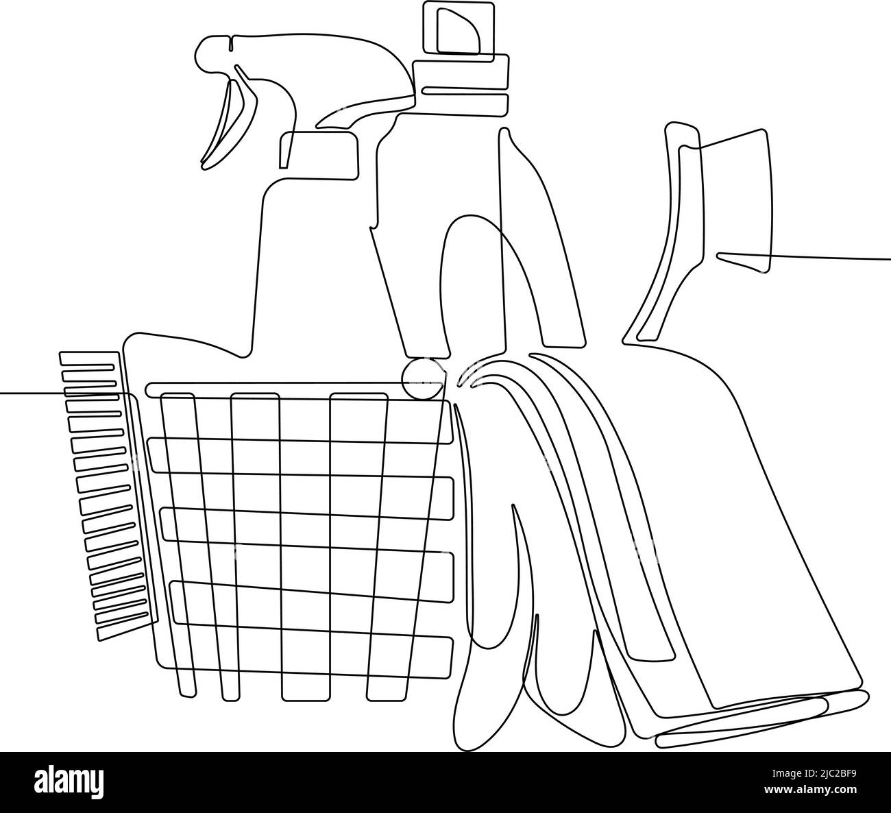 Continuous line draw of set bottles of different cleaning procucts