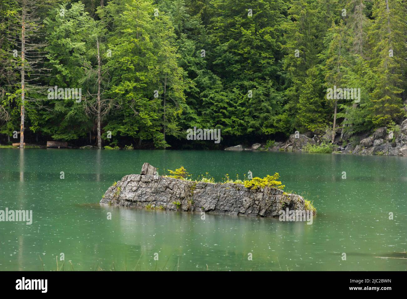 June 2, 2022, Passy, France, France: Passy, France June 2, 2022 - Rain  falls on the Lac Vert in the Haute Savoie department. The emerald green  color of the water is due