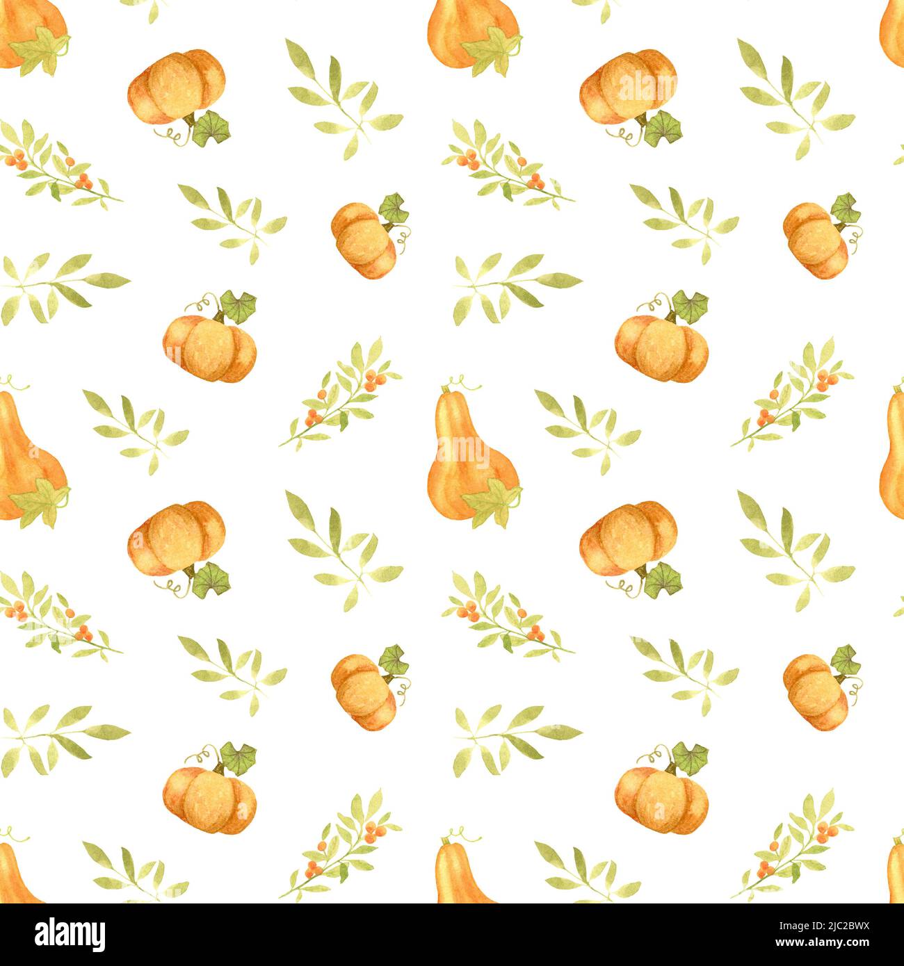Watercolor autumn pattern with orange pumpkins and leaves. Autumn ...