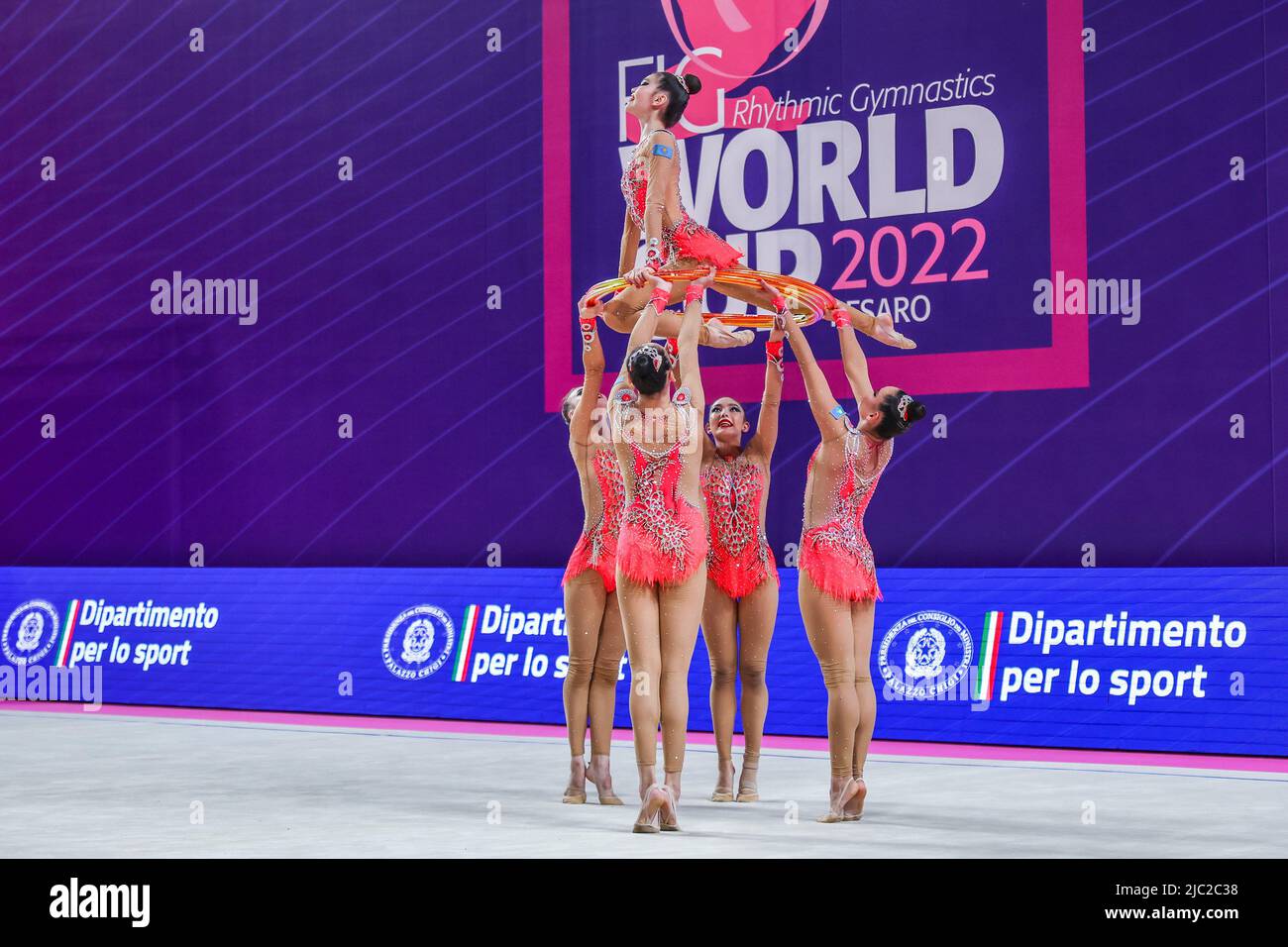 Kazakistan group team during the Rhythmic Gymnastics FIG World Cup 2022 Pesaro at Vitrifrigo Arena, Pesaro. Stock Photo