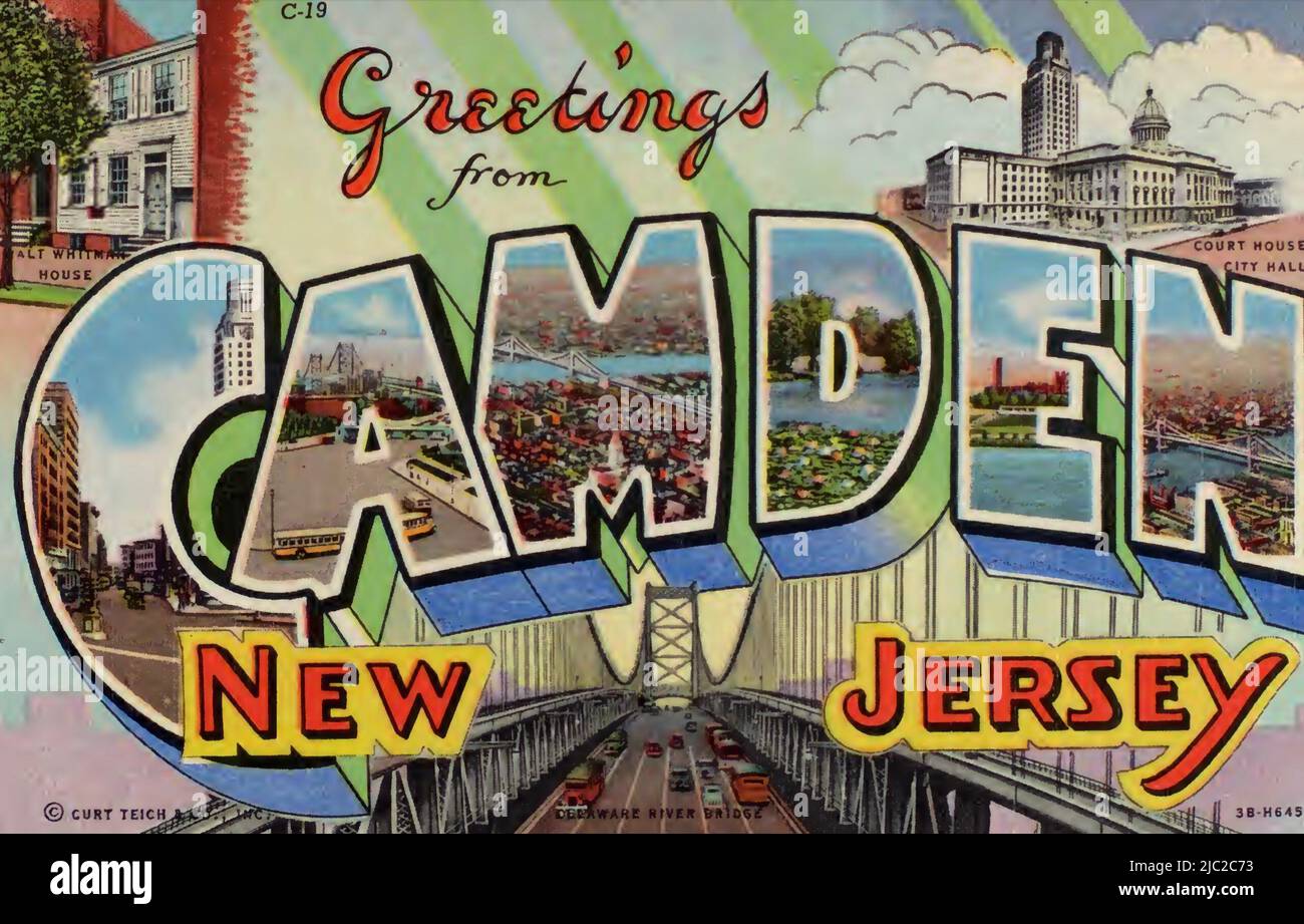 Greetings from Camden, New Jersey Postcard, circa 1943 Stock Photo Alamy