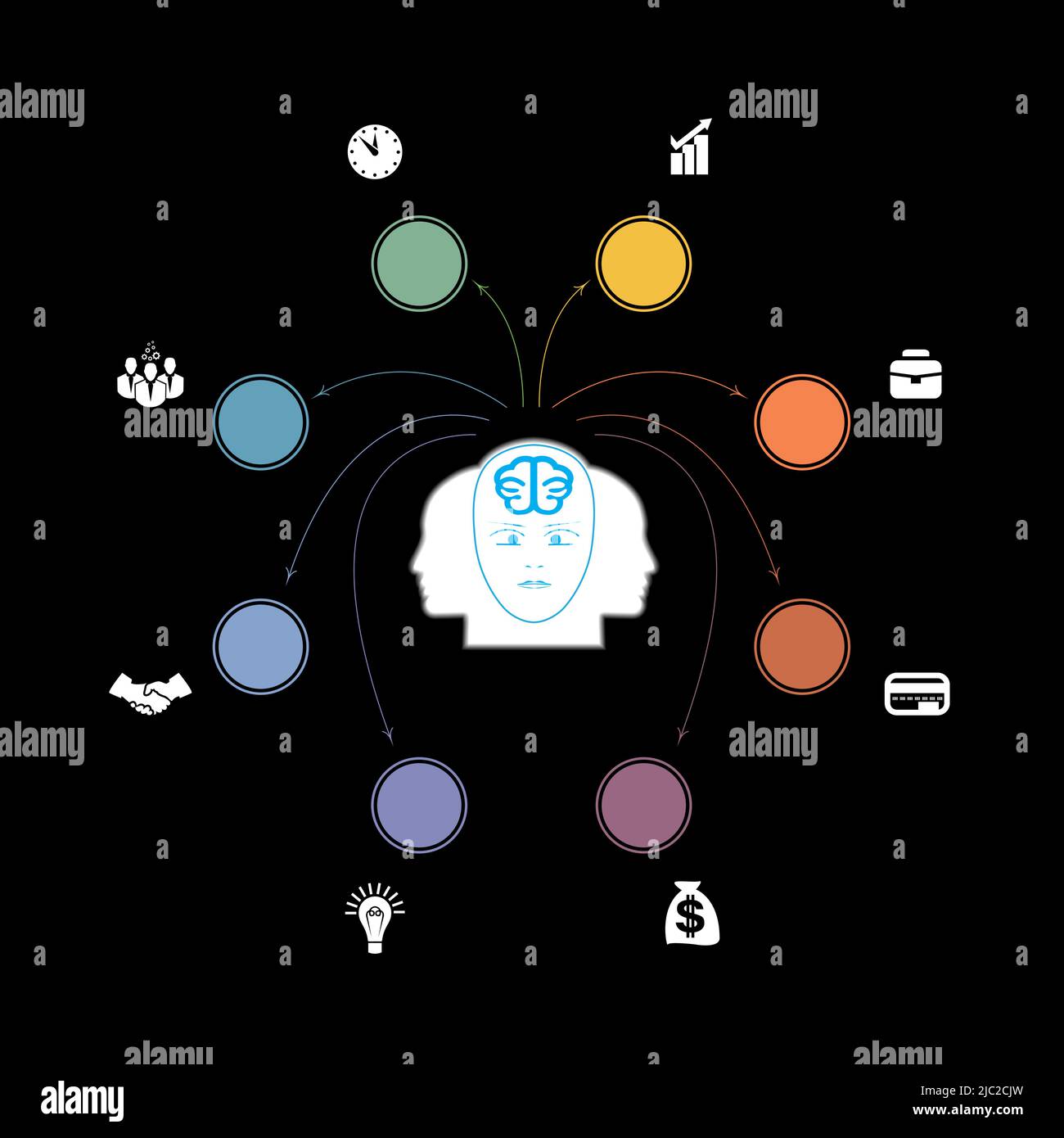 Brain storm infographics business concept for 8 options, parts, or processes. Arrows from head of the person. Stock Vector