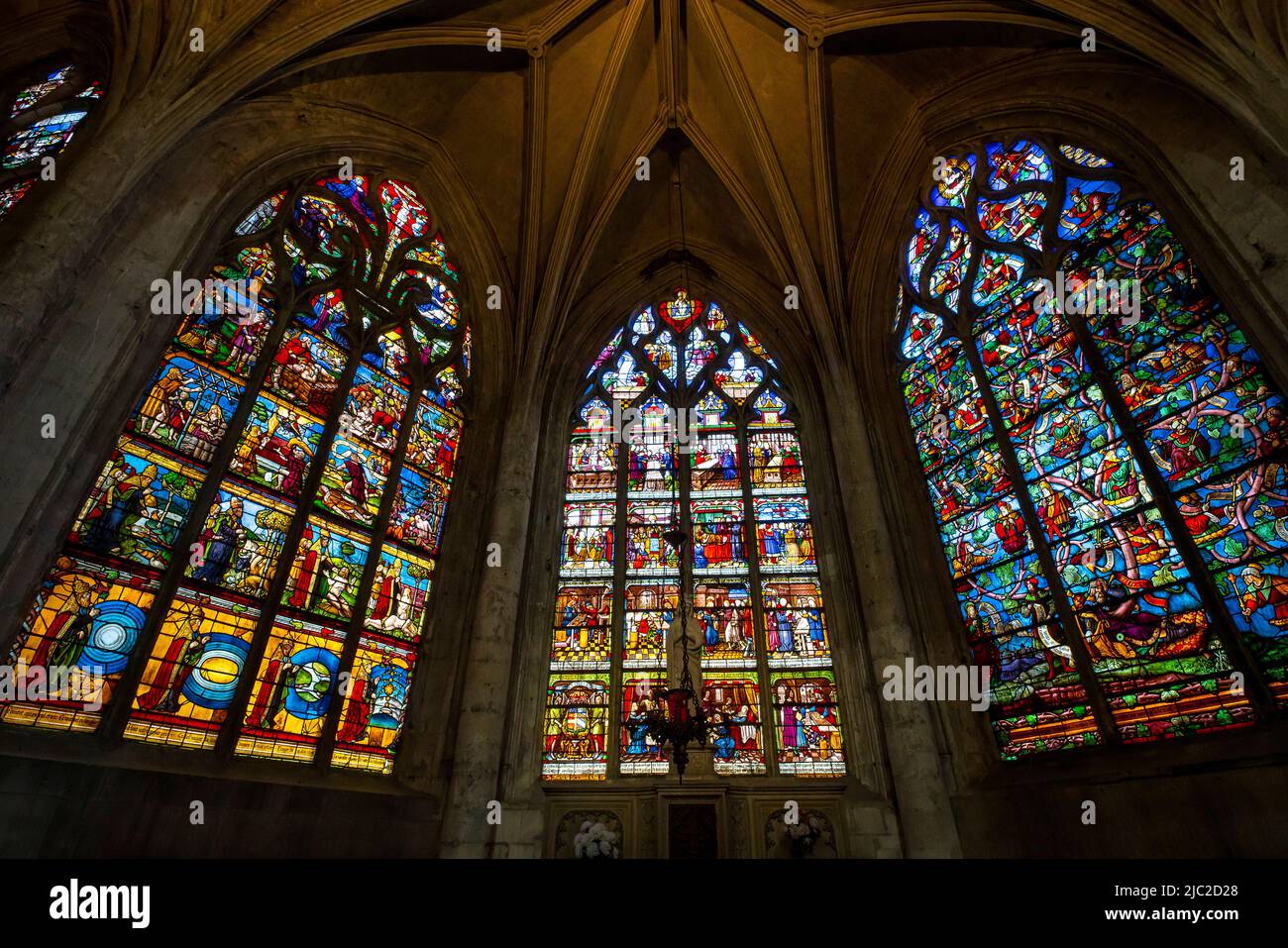 Stained glass windows of Troyes church of Sainte-Madeleine, built in the 12th century. Aube, Champagne-Ardenne, France. Jube from 16th century by Jean Stock Photo