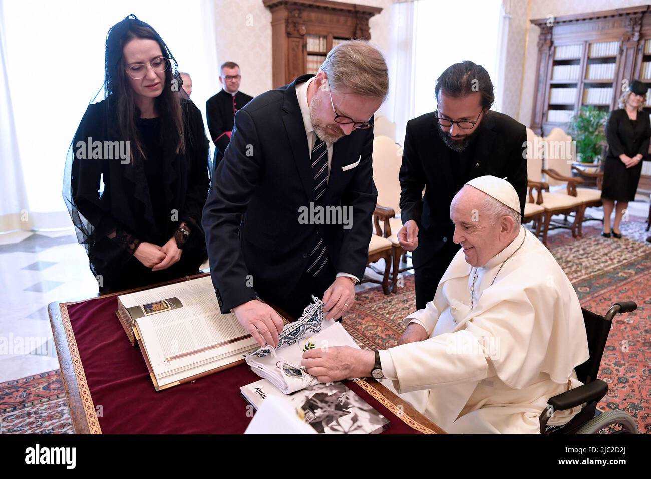 Vatican City, Vatican. 09 June 2022. Pope Francis meets Petr Fiala, Prime Minister of the Czech Republic, with his consort, during a private audience. (Photo by Vatican Media). Credit: Vatican Media/Picciarella/Alamy Live News Stock Photo