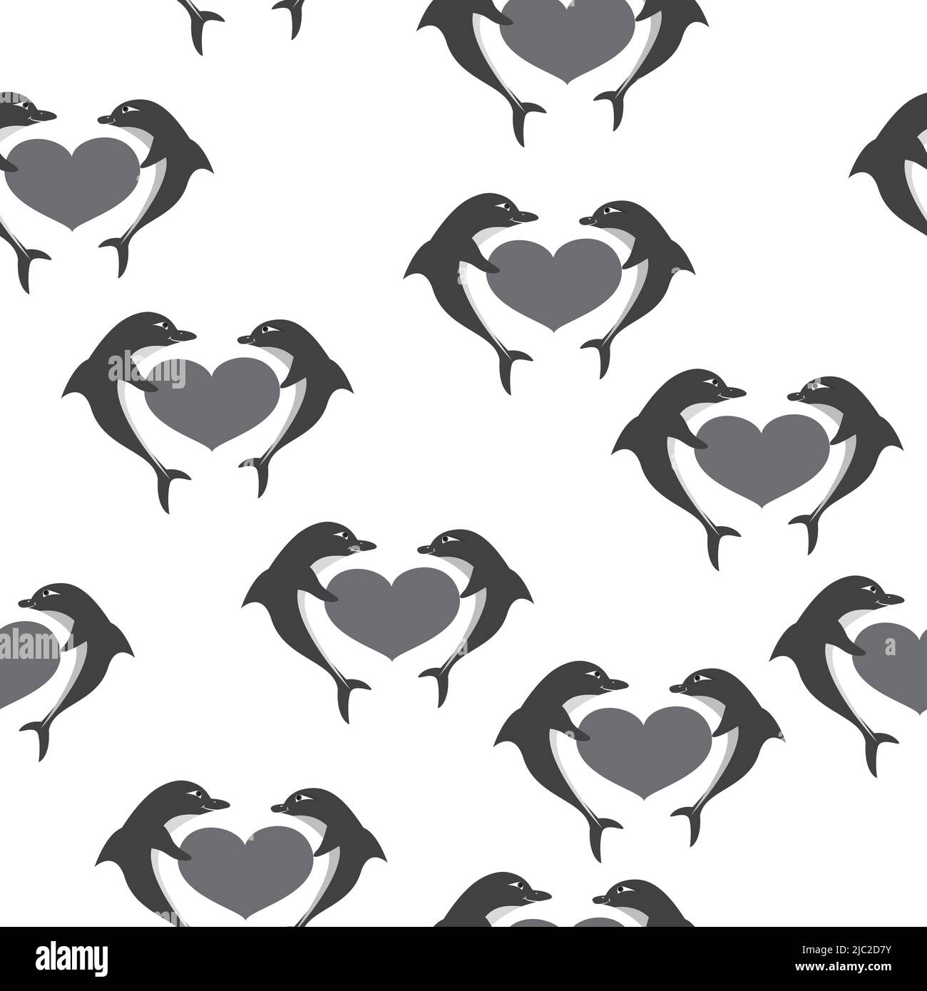Vector seamless pattern with dolphins and hearts silhouettes on white background Stock Vector