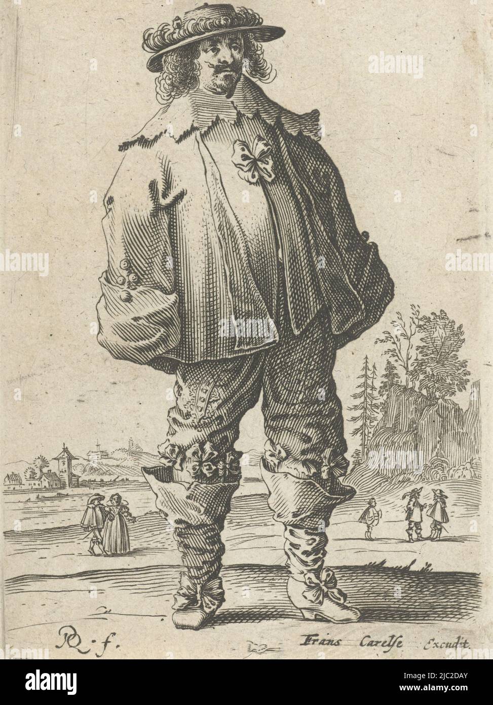 Standing man in a landscape, dressed according to the Dutch fashion circa 1625- '35. In the background the outlines of a village and several figures, Man in fashionable dress, print maker: Pieter Jansz. Quast, (mentioned on object), publisher: Frans Carelse, (mentioned on object), print maker: Netherlands, publisher: Amsterdam, 1665 - 1647, paper, engraving, h 141 mm × w 94 mm Stock Photo