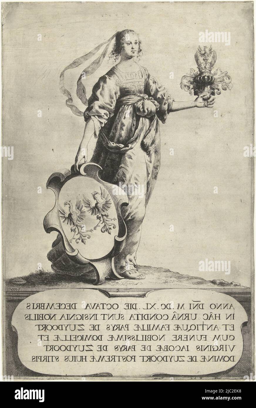 Woman standing with coat of arms with coat of arms of family Van Parijs van Zuidoort and decorated helmet. On a cartouche there are six lines of Latin text in mirror writing which includes this family name, Woman standing with coat of arms with coat of arms of the Van Parijs van Zuidoort family and decorated helmet, print maker: Jan Gerritsz. van Bronckhorst, (mentioned on object), Netherlands, 1640, paper, engraving, h 312 mm × w 208 mm Stock Photo