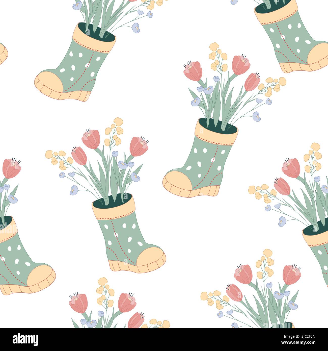 Seamless pattern with welly boots and flowers, hand drawn vector illustration isolated on a white background. Decorative endless pattern for summer an Stock Vector