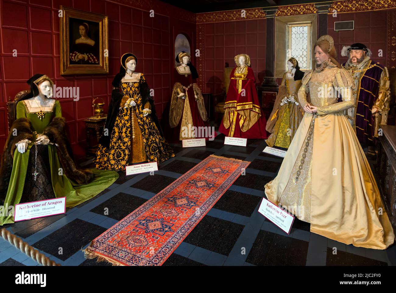 Historical display of Henry VIII and his 6 wives at Sudeley Castle, a 15th century, Grade I listed castle, Sudeley, Gloucestershire, England, UK. Stock Photo