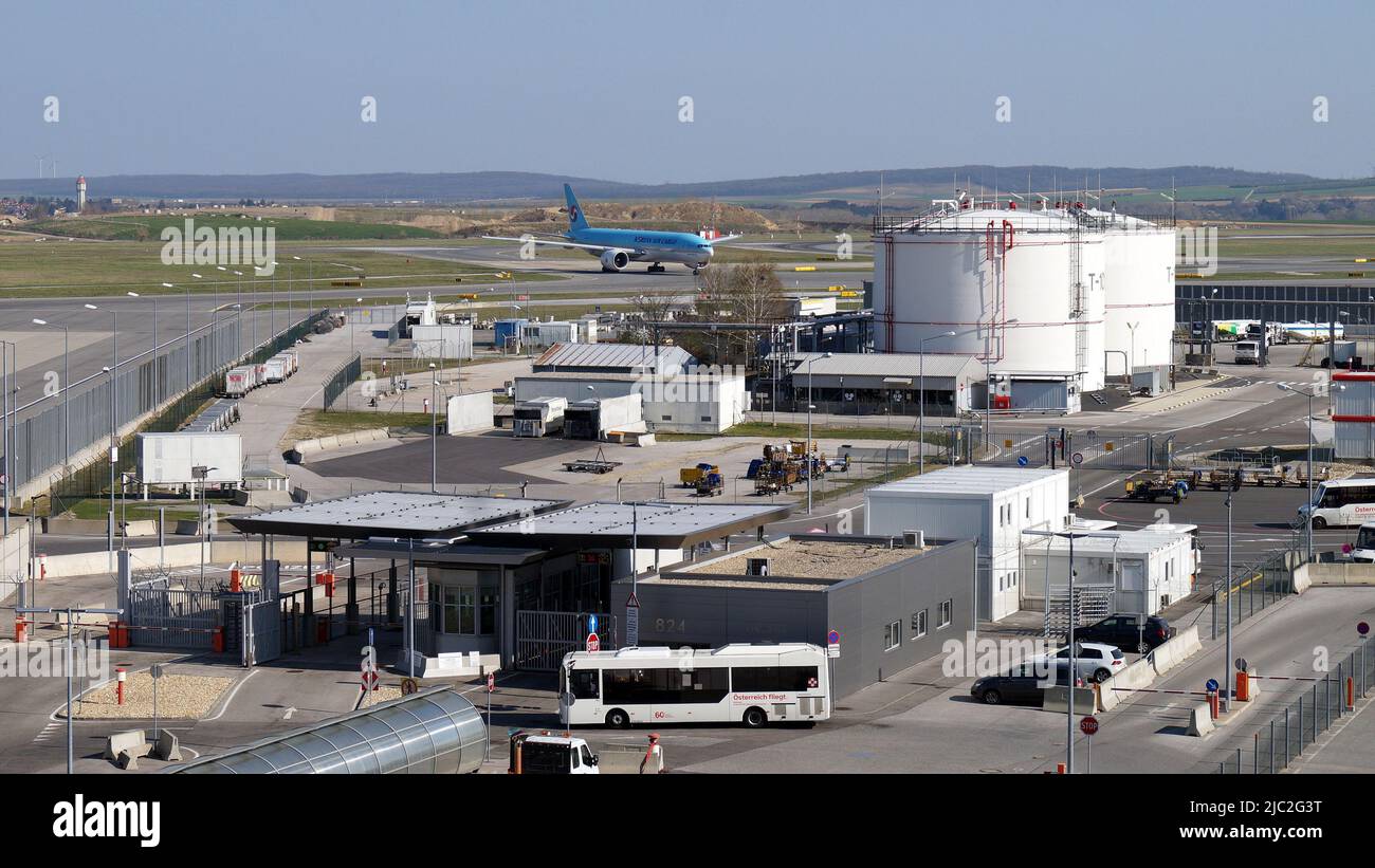 Fueling area of Vienna International Airport, Korean Air Cargo Boeing 777 on a tarmac in the background, Schwechat, Austria Stock Photo