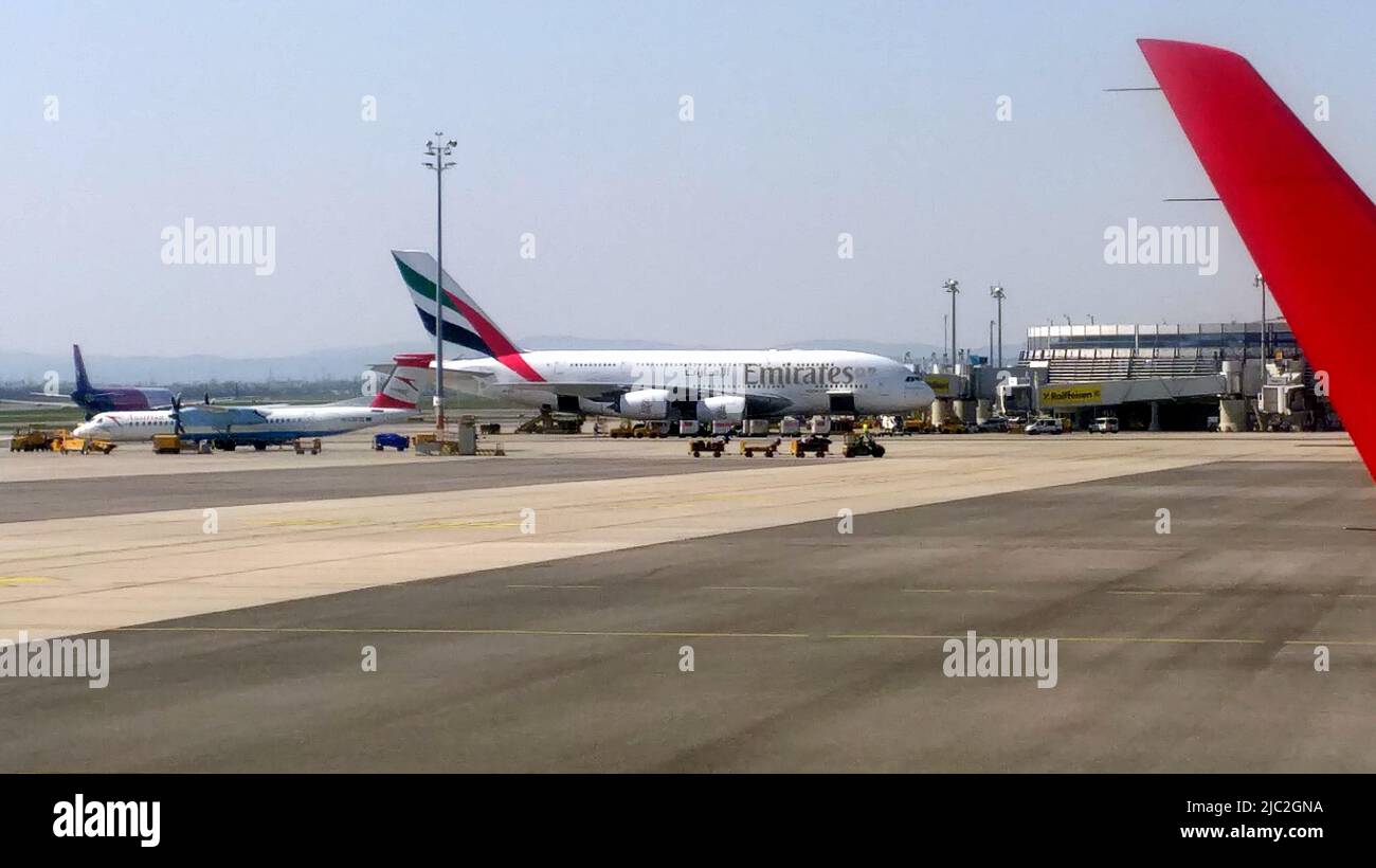 Airbus A380 of Emirates, at the passenger terminal, at Vienna International Airport, Schwechat, Austria Stock Photo