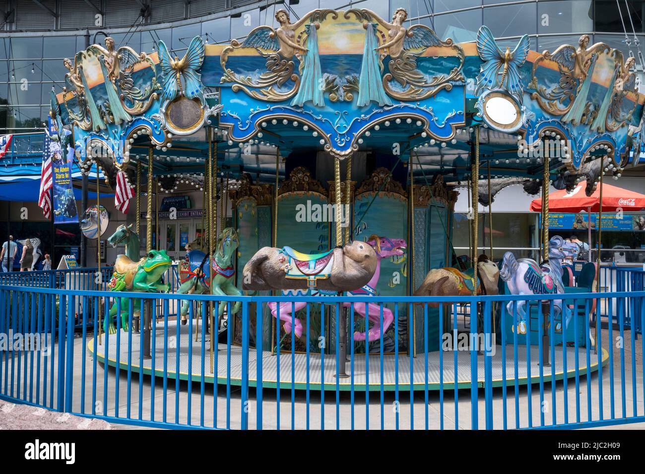 Denver, Colorado, May 28, 2022.  Empty carrousel in front of the Denver Downtown Aquarium from close Stock Photo