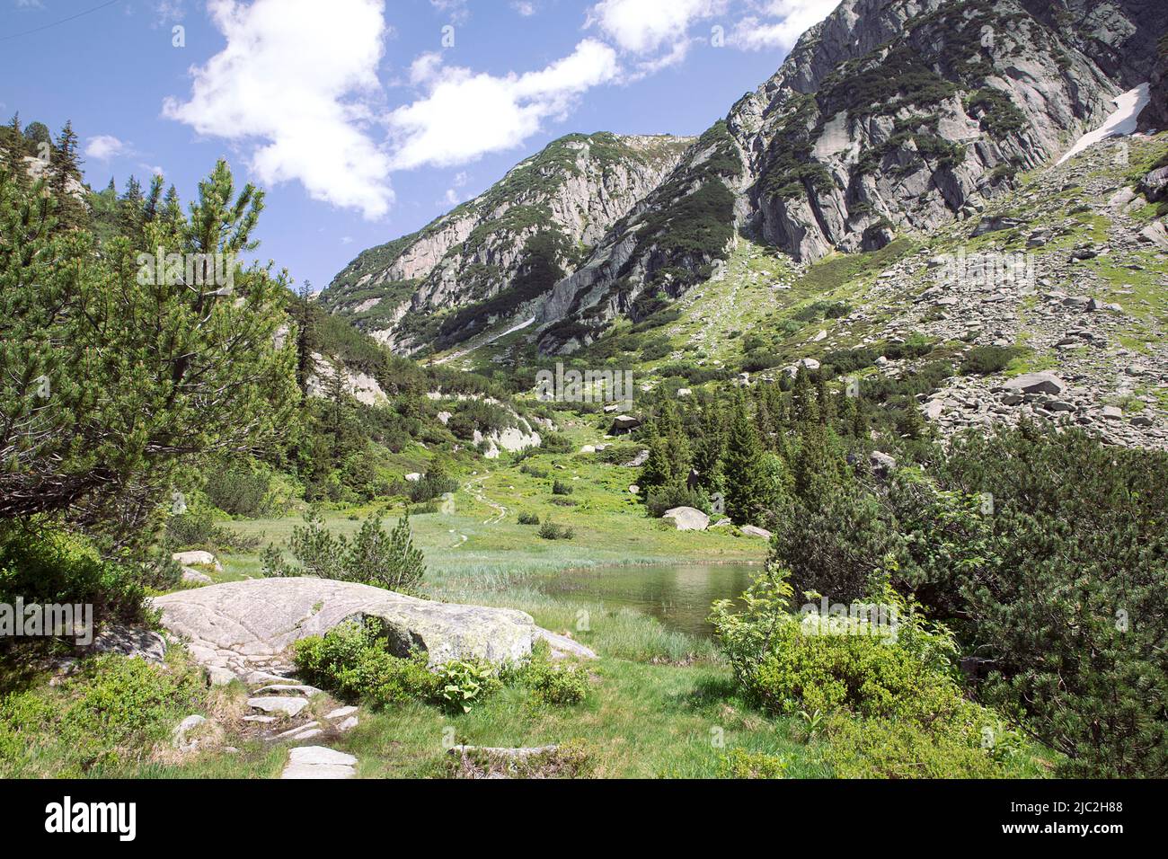 Summer alps mountain, hiking trail with beautiful landscape and small lake. Green nature in high mountains. Stock Photo