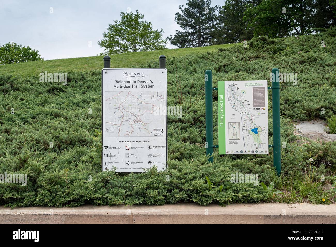 Denver, Colorado, May 28, 2022. Signs to the Denver downtown trail system including the Cherry Creek Trail and the Multi-use Trail system Stock Photo