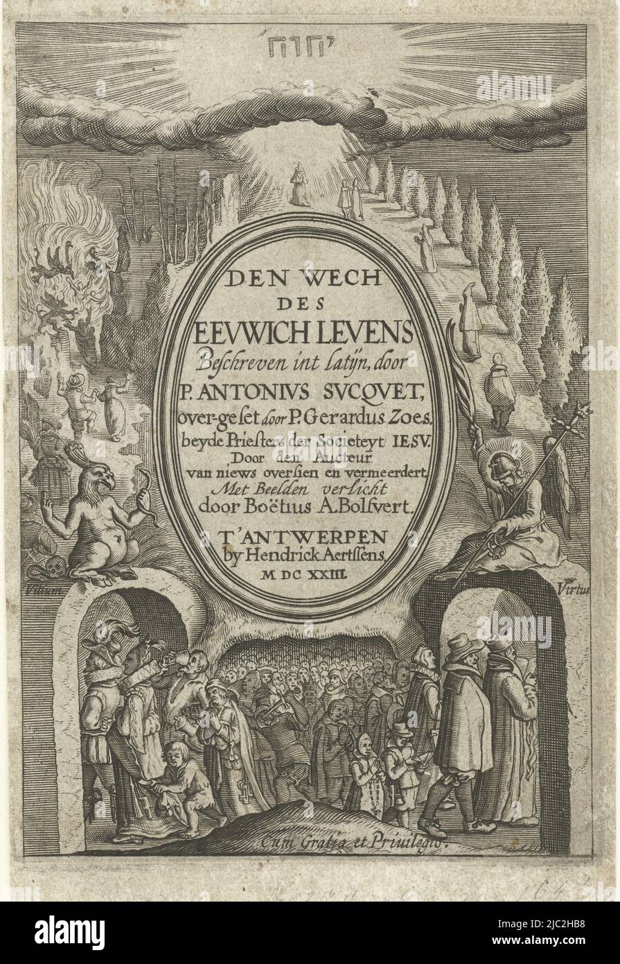 Emblem showing the way to eternal life for the righteous and the way to hell for the wicked Den wech des eeuwich levens (series title on object), Boëtius Adamsz. Bolswert, print maker: anonymous, publisher: Hendrik Aertssens (II), Antwerp, 1620 - 1623 and/or 1623, paper, engraving, h 156 mm × w 98 mm Stock Photo