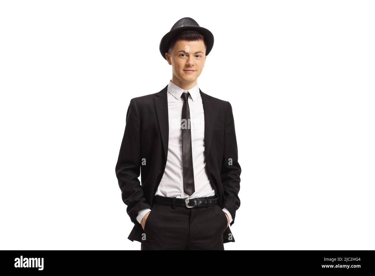 Guy in a suit and fedora hat isolated on white background Stock Photo