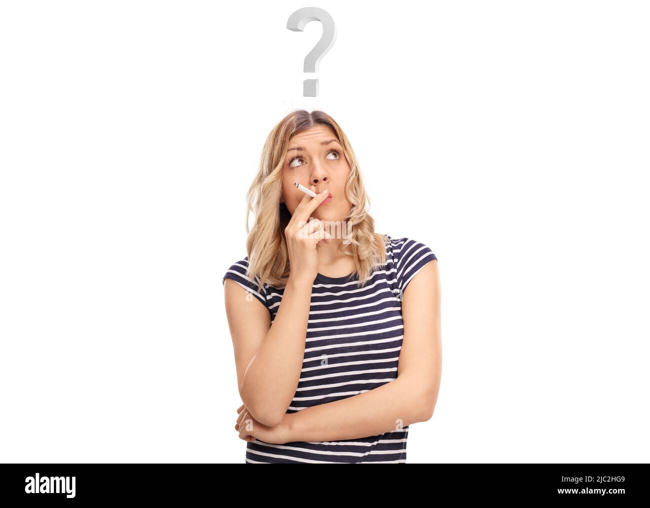 Young woman smoking a cigarette and asking with a question mark
