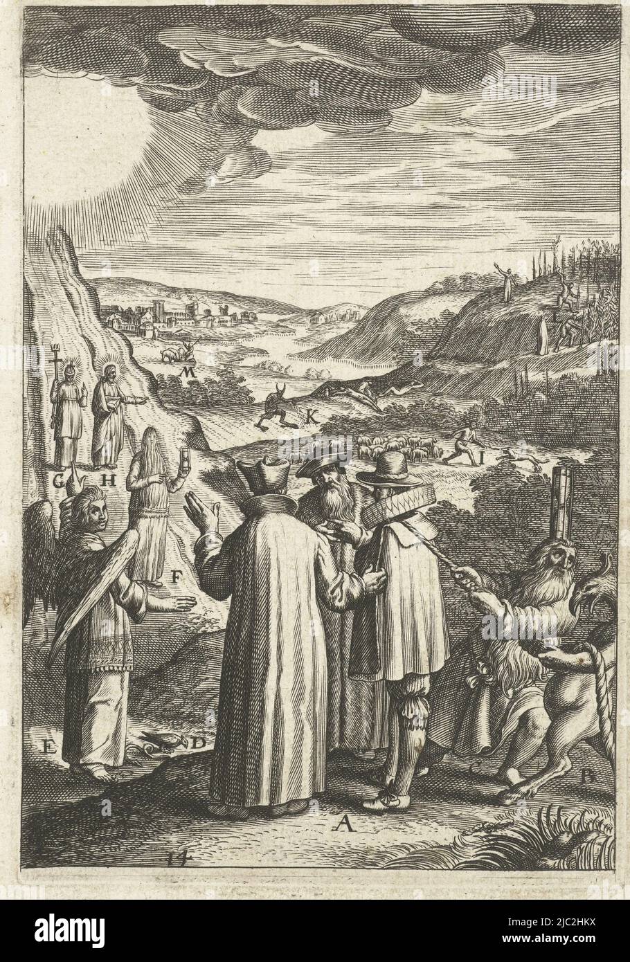 A man advises his friends to live in virtue. The devil and a wicked man are pulling an ever-thicker rope that represents the temptation of a life of sin that the man must break. An angel points the right way to eternal life. The landscape includes the parables of the shepherd and the sower, Emblem with man who advises his friends to live virtuously Den wech des eeuwich levens (series title), Boëtius Adamsz. Bolswert, print maker: anonymous, publisher: Hendrik Aertssens (II), Antwerp, 1620 - 1623 and/or 1623, paper, engraving, h 137 mm × w 93 mm Stock Photo