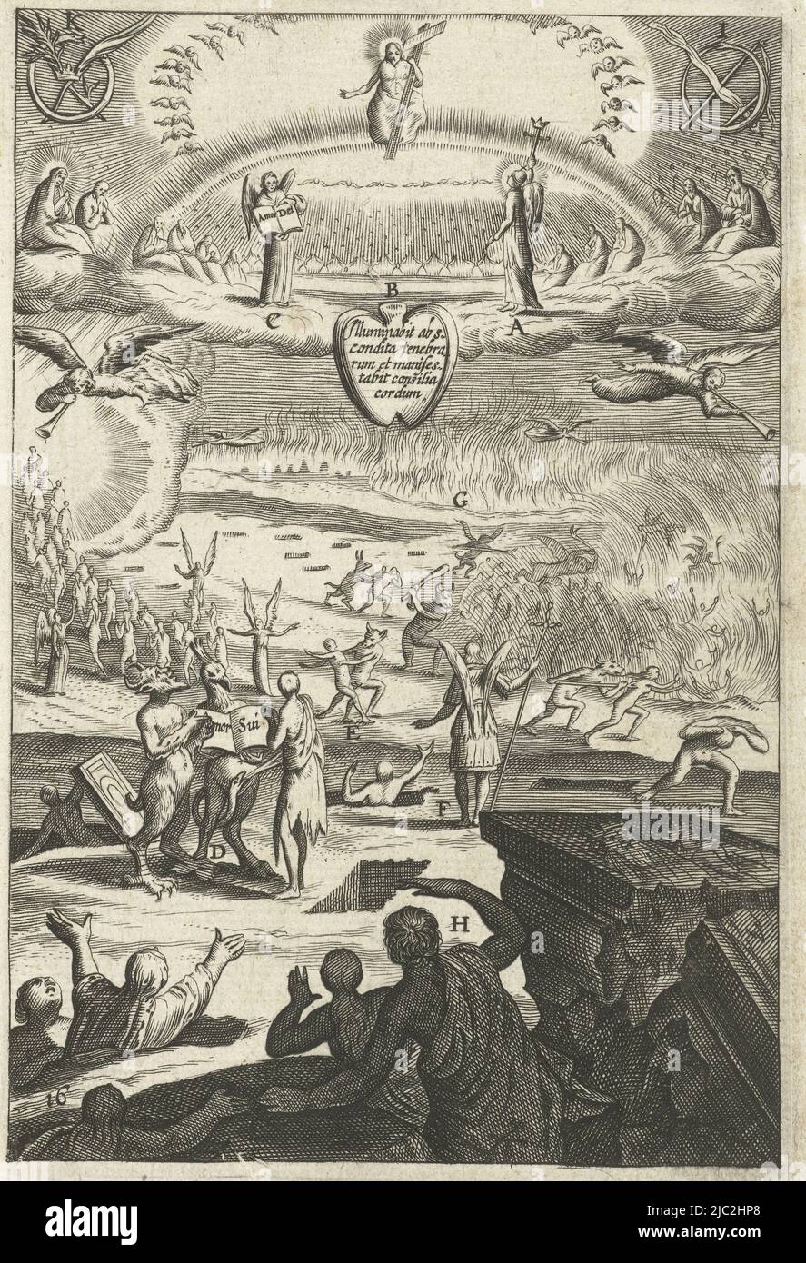 At the last judgment, souls of the devout and the ungodly are sent to heaven or hell. The meditation precept in the issue encourages the reader to consider what is desirable: living in virtue or sin with the moment of the last judgment in view., Emblem with the last judgment for consideration of living in virtue or sin Den wech des eeuwich levens (series title), Boëtius Adamsz. Bolswert, print maker: anonymous, publisher: Hendrik Aertssens (II), Antwerp, 1620 - 1623 and/or 1623, paper, engraving, h 140 mm × w 95 mm Stock Photo