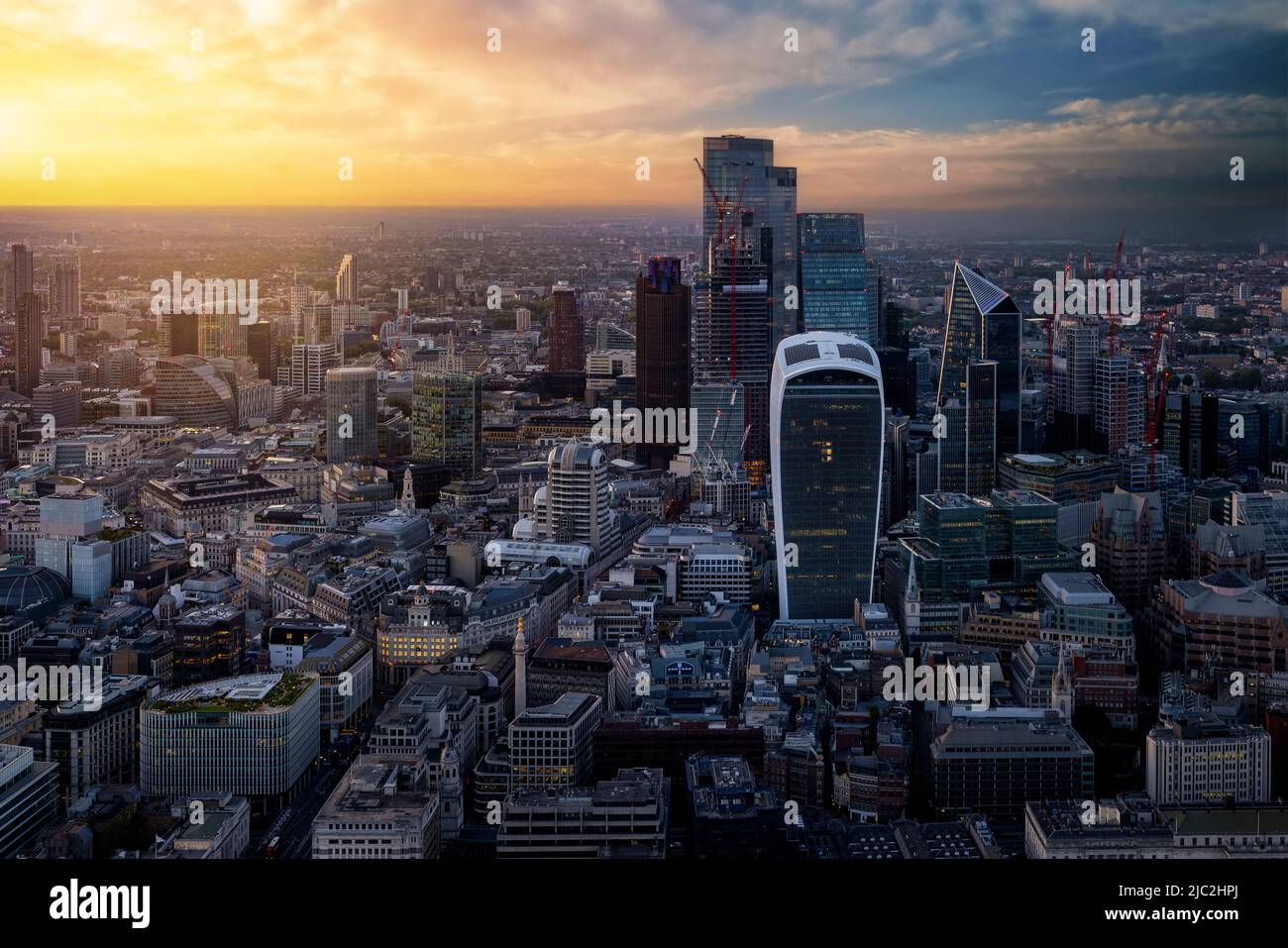 Elevated sunset view of the skyscrapers at the City of London Stock ...