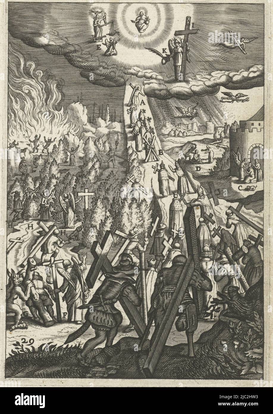 Men and women carry a cross on their way of life. The meditation precept urges awareness of all the misfortunes that can befall a man, Emblem with man carrying his cross and aware of misfortunes on his way Den wech des eeuwich levens (series title), Boëtius Adamsz. Bolswert, print maker: anonymous, publisher: Hendrik Aertssens (II), Antwerp, 1620 - 1623 and/or 1623, paper, engraving, h 139 mm × w 90 mm Stock Photo