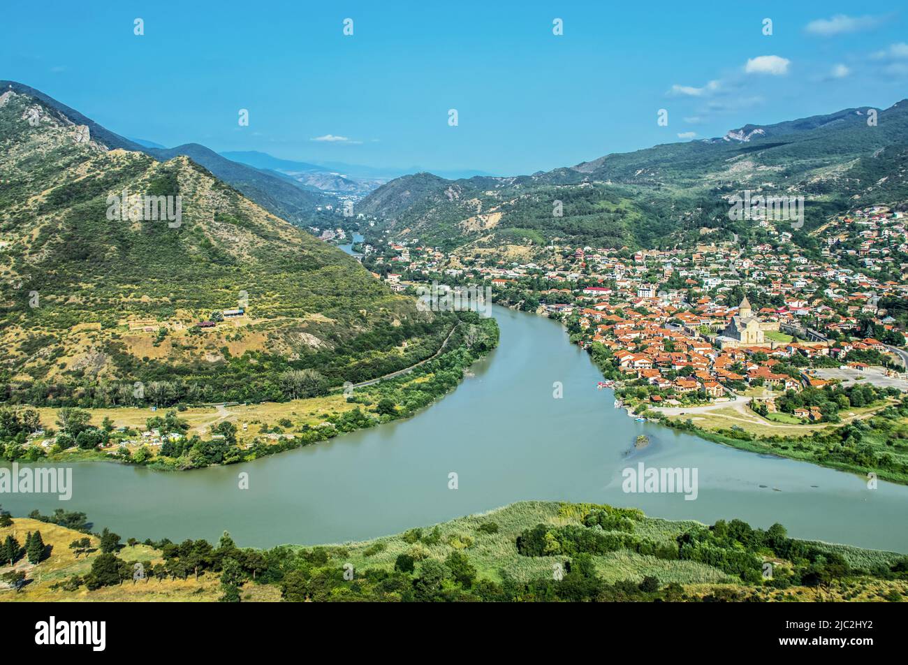 View from Jarvi Monastery down on Mtskheta - the old capital of Georgia - the River Kora converges with the River Araguae flowing down from the Caucas Stock Photo