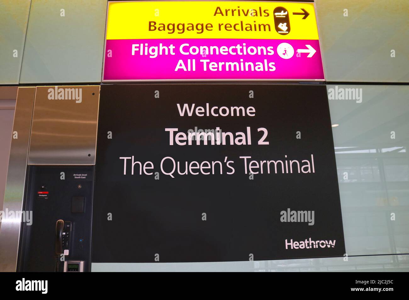2018 01 02 London UK Sign in Heathrow airport Welcom to Terminal 2 The Queen's Terminal. Stock Photo
