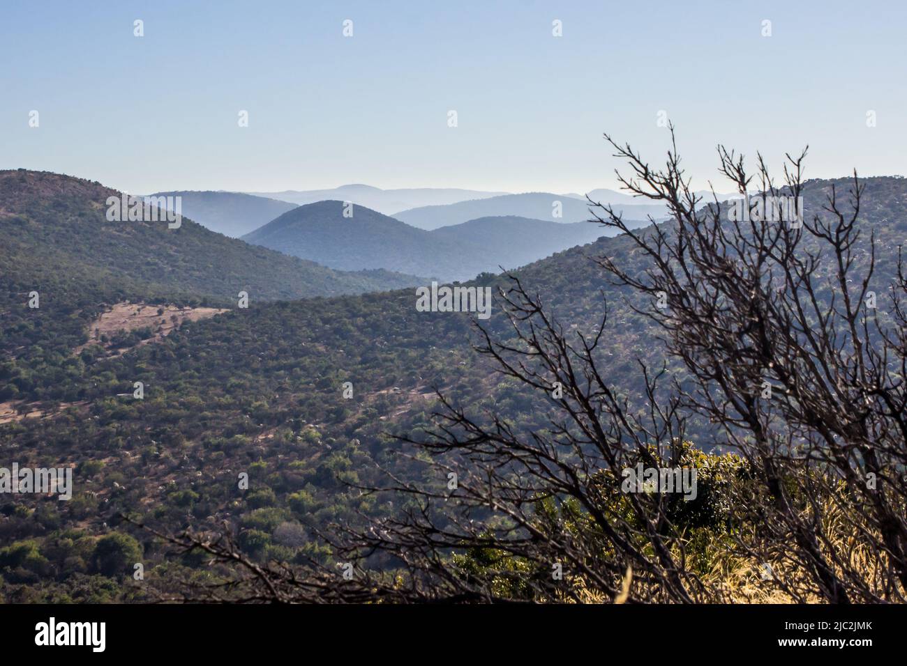 Distant view of the blue, concentric ridges, which form the outer rings of the Vredefort Dome in South Africa Stock Photo