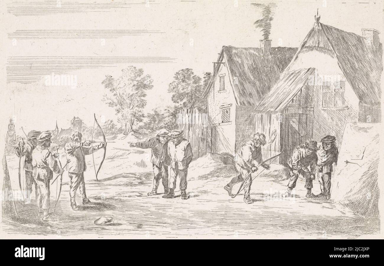 Archers shoot arrows at a target. Other men look on. On the right two houses, Archers Genrets in the open air (series title), David Teniers (II), print maker: anonymous, anonymous, Low Countries, 1700 - 1850, paper, etching, h 157 mm × w 233 mm Stock Photo