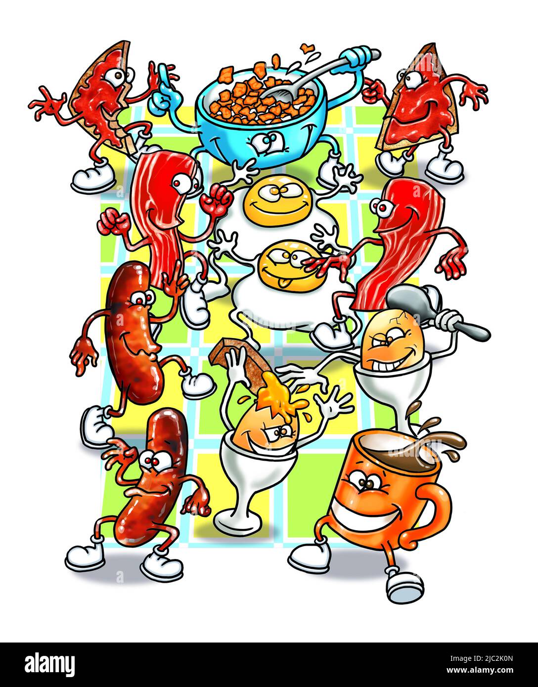 Cartoon art, happy dancing food items, pizza, bacon, sausages, boiled eggs, fried eggs,  art work to suit menu, business card, food-themed web site. Stock Photo
