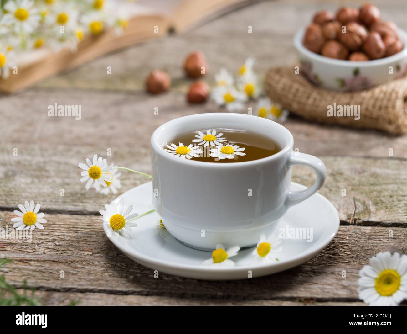 Healthy chamomile tea and chamomile herbs on wooden table. Books and
