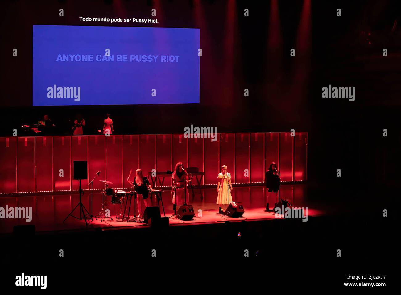 band-aid pussy Marija Aljochina/Masha, Olga Borisova, Anton Ponomarev and Diana Burkot from the Russian activists group, Pussy Riot, perform at Casa da Musica, in Porto. Russian Activists part of a feminist punk rock group,