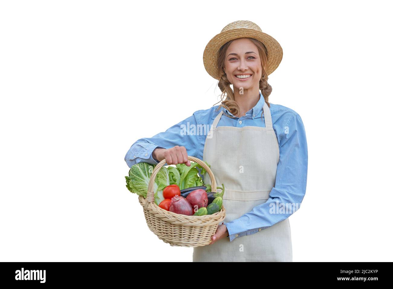 Woman dressed apron white background Farmer vegetables basket