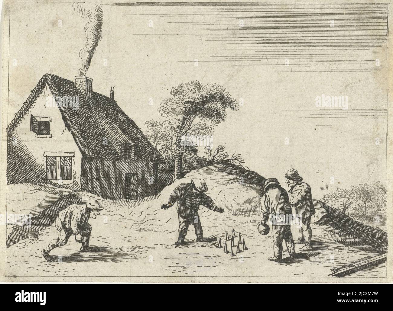 A group of four peasants are playing skittles in front of a house., Peasants at Skittles, Quirin Boel, David Teniers (II), print maker: anonymous, unknown, 1635 - 1718, paper, etching, h 110 mm × w 152 mm Stock Photo