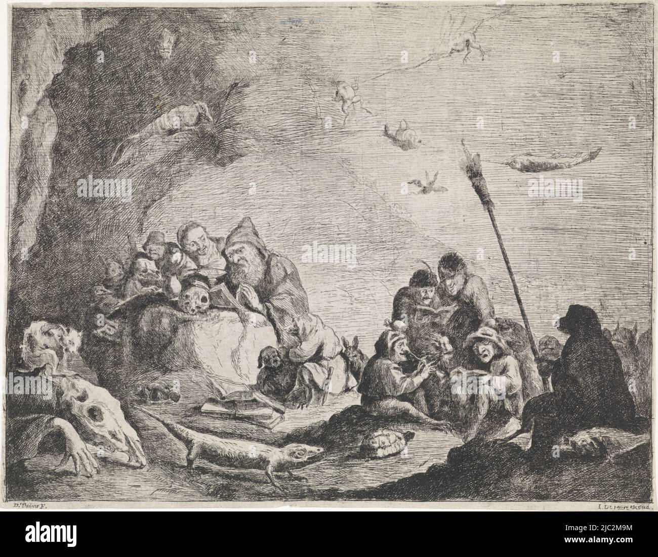 St. Anthony is kneeling in a cave behind a rock, reading his prayer book, while evil spirits besiege him. On the right, a monster with a broomstick., Temptation of St. Anthony, David Teniers (II), print maker: anonymous, publisher: Jozef de Meere, (mentioned on object), Low Countries, 1790 - 1810, paper, etching, h 196 mm × w 252 mm Stock Photo