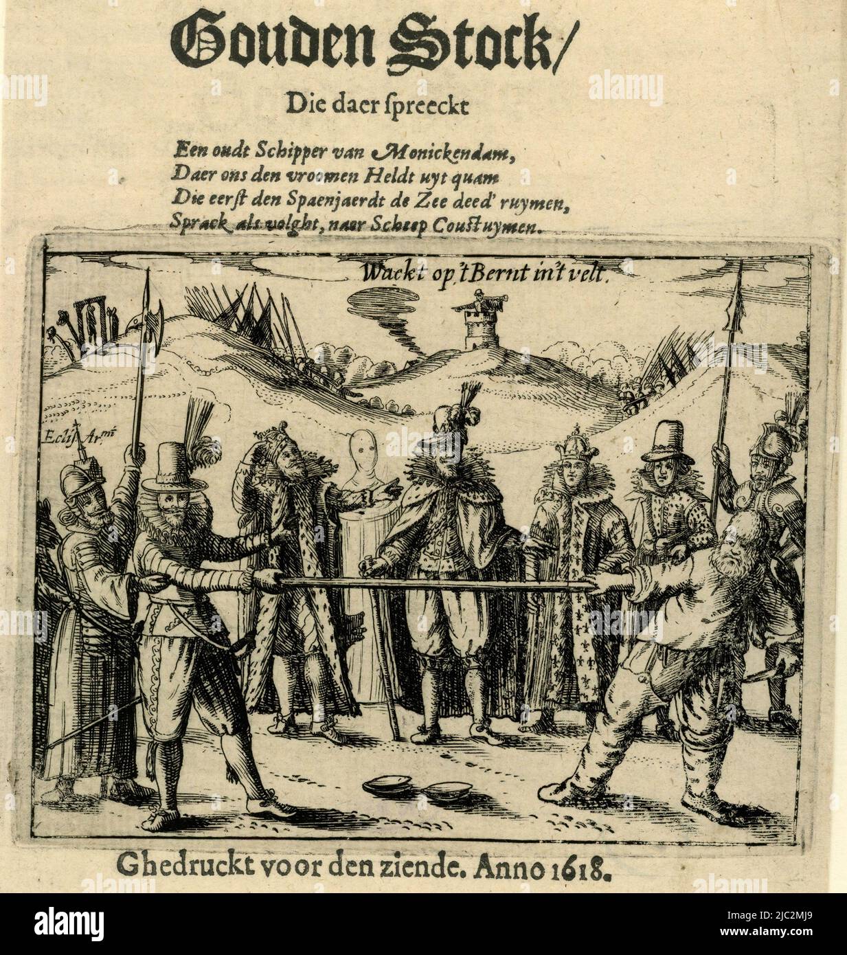 Title print of a pamphlet against Van Oldenbarnevelt, 1618. The scene shows a pulling contest between a boatman from Monnikendam and a Spaniard for 'the golden stick'. In the background, monarchs look on as if watching. The Spaniard is helped by an Arminian, probably Johan van Oldenbarnevelt, Title print of the pamphlet: Verclaringe van den Gouden Stock, 1618 Verclaringe van den Gouden Stock (title on object), print maker: anonymous, Northern Netherlands, 1618, paper, etching, letterpress printing, h 174 mm - w 141 mm Stock Photo